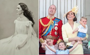 Kate Middleton in a white dress portrait by Paolo Roversi, and with family on a balcony during a ceremonial event.