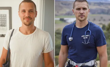 "Two side-by-side images of a man, left in casual clothes, right in a doctor's outfit with a stethoscope around his neck."