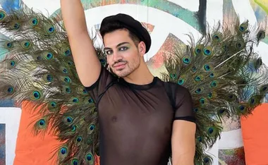 Person wearing black mesh top with peacock feather wings and beret, posing in front of colorful background.