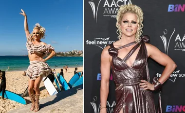 "Two images of a person in stylish outfits: beachwear on the sand, metallic dress at an awards event."