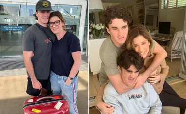 Kylie Gillies with her two sons; one embracing at an airport, the other sharing a warm hug indoors.