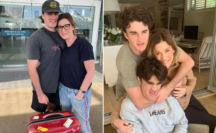 Kylie Gillies with her two sons; one embracing at an airport, the other sharing a warm hug indoors.