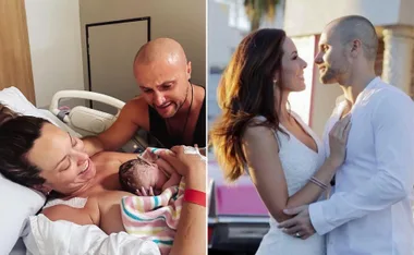 A couple joyfully welcomes their newborn in a hospital, sharing a tender moment.