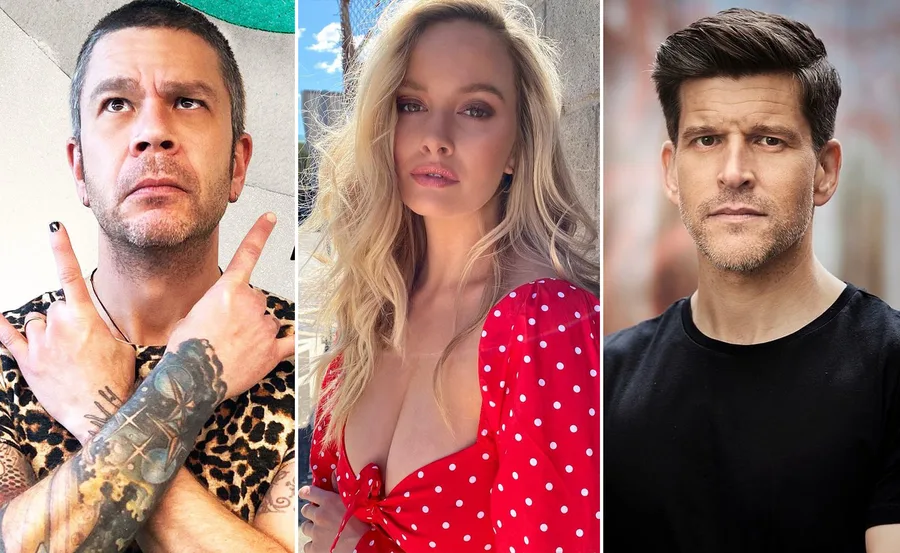 Three individuals: person with tattoos in a leopard print top, blonde woman in red polka dot dress, man in black shirt.