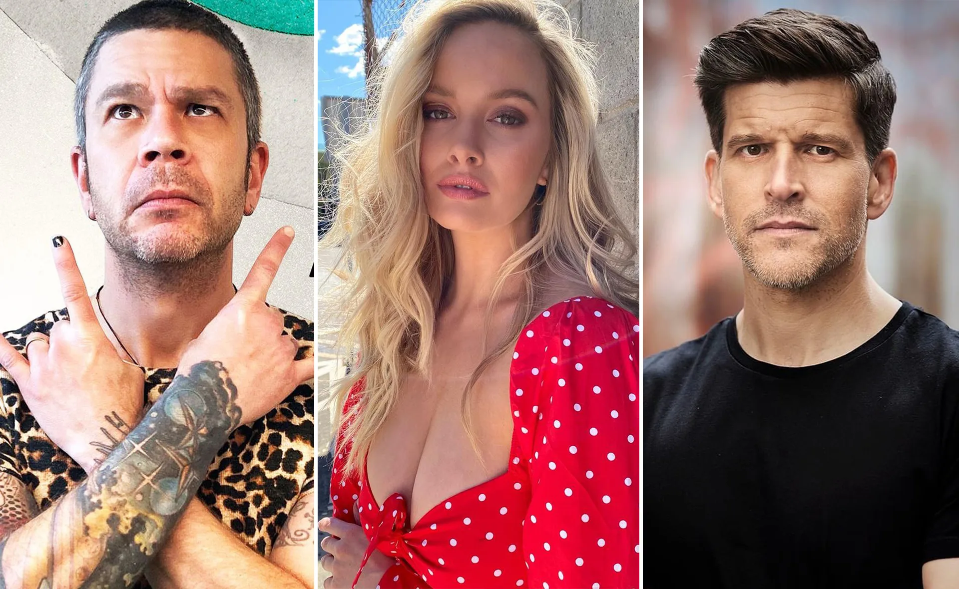 Three individuals: person with tattoos in a leopard print top, blonde woman in red polka dot dress, man in black shirt.