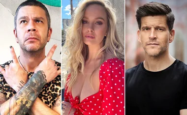 Three individuals: person with tattoos in a leopard print top, blonde woman in red polka dot dress, man in black shirt.