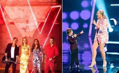 The Voice Generations coaches pose under neon sign; a young boy sings to an excited woman on stage.