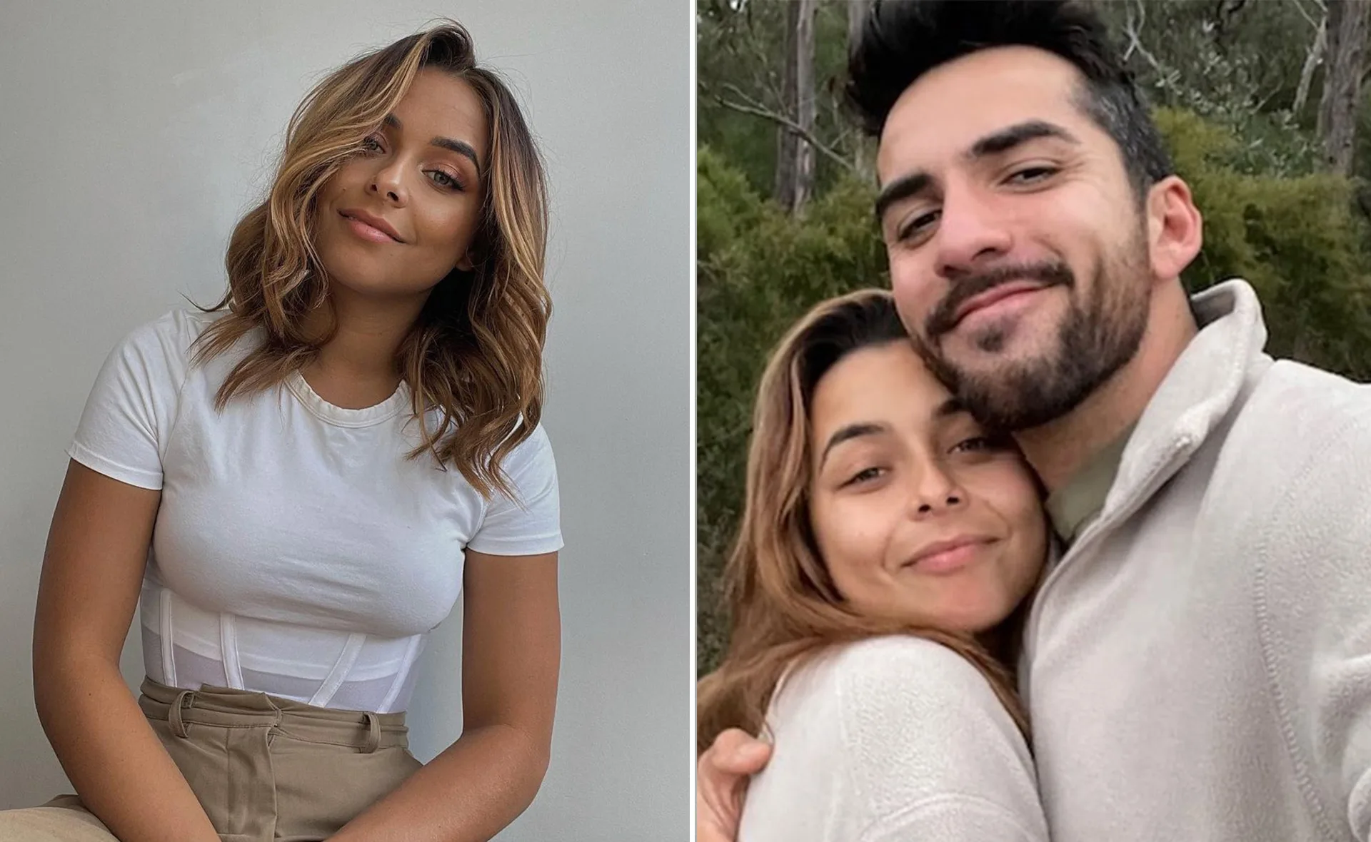 Brooke Blurton posing in a white top; with Darvid Garayeli, smiling outdoors in a second image.