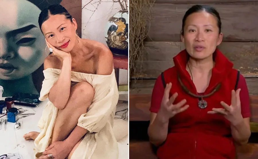 A woman in an off-shoulder dress posing beside artwork; same woman speaking in a red vest, hands gesturing.