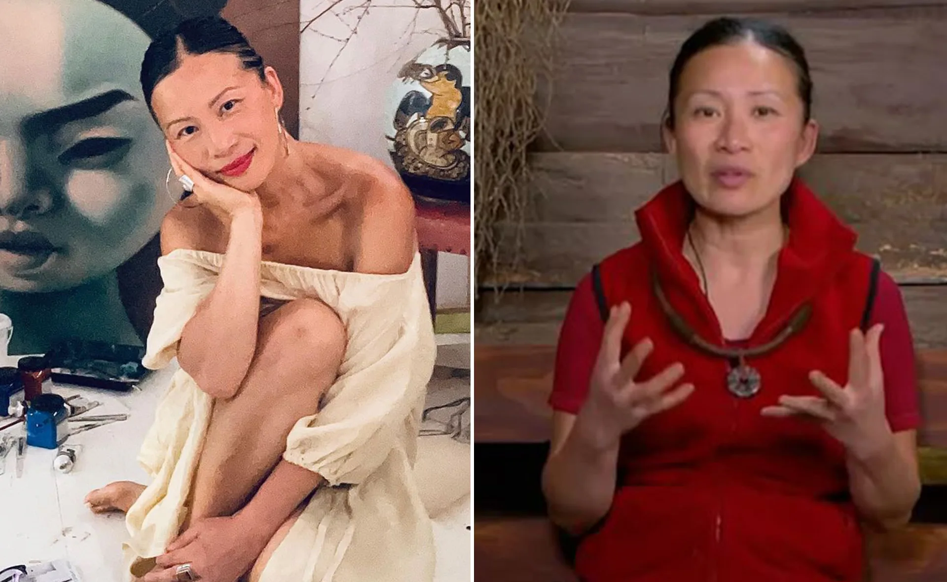 A woman in an off-shoulder dress posing beside artwork; same woman speaking in a red vest, hands gesturing.