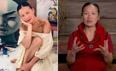 A woman in an off-shoulder dress posing beside artwork; same woman speaking in a red vest, hands gesturing.