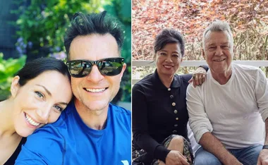 Two side-by-side couples smiling outdoors; the left pair in casual wear, the right on a bench with autumn leaves in the background.