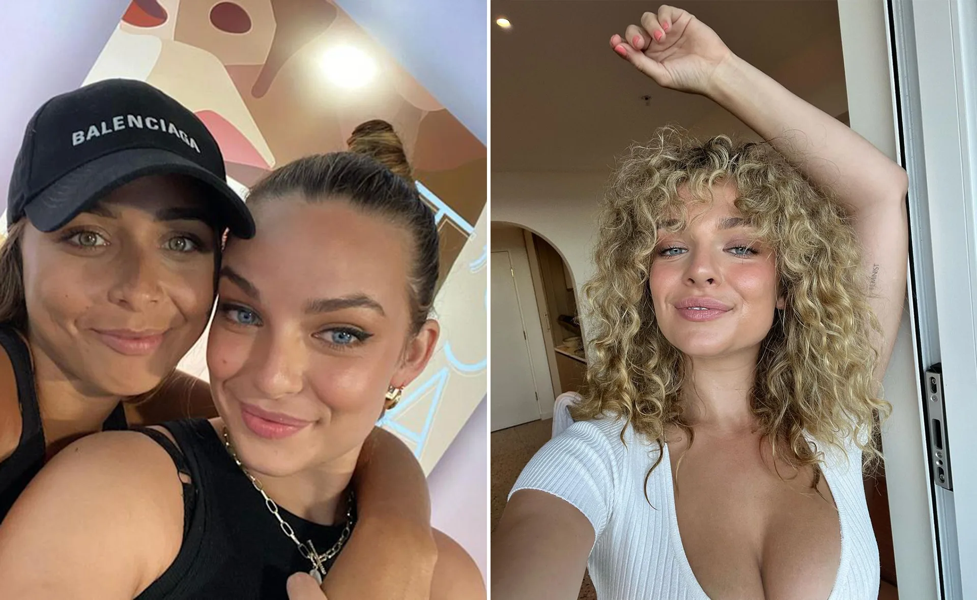 Two women smiling in a selfie on the left; woman with curly hair posing in a room on the right.