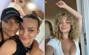 Two women smiling in a selfie on the left; woman with curly hair posing in a room on the right.