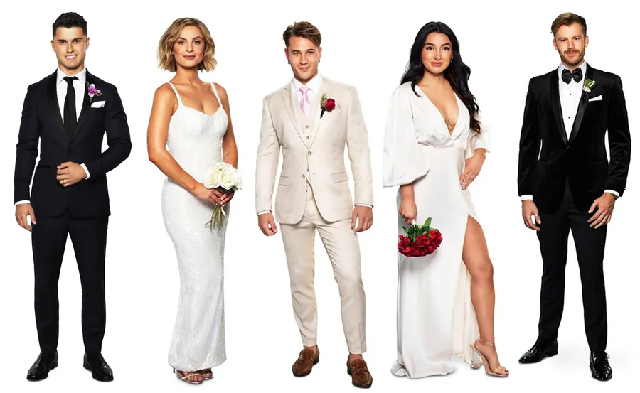 Cast of Married at First Sight 2022 in formal attire, two women in dresses holding flowers, and three men in suits.