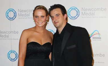 A man and woman in formal attire at the Newcombe Medal Australian Tennis Awards.