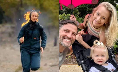 "Left: Person running while on fire in a protective suit. Right: Smiling family with a child in a stroller."