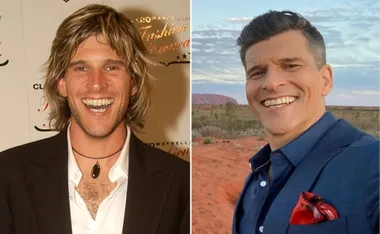 Man in two photos: left with long hair at an event; right with short hair in a desert landscape, smiling.