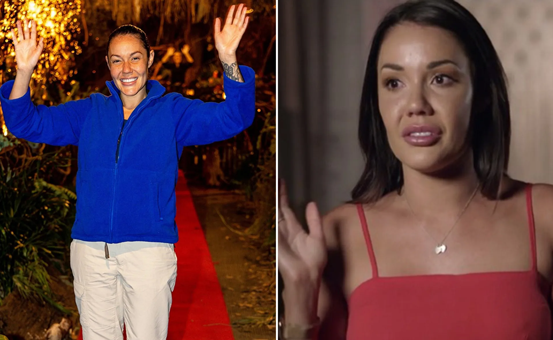 Two women, one waving in a blue jacket on a jungle path, the other in red, looking emotional indoors.