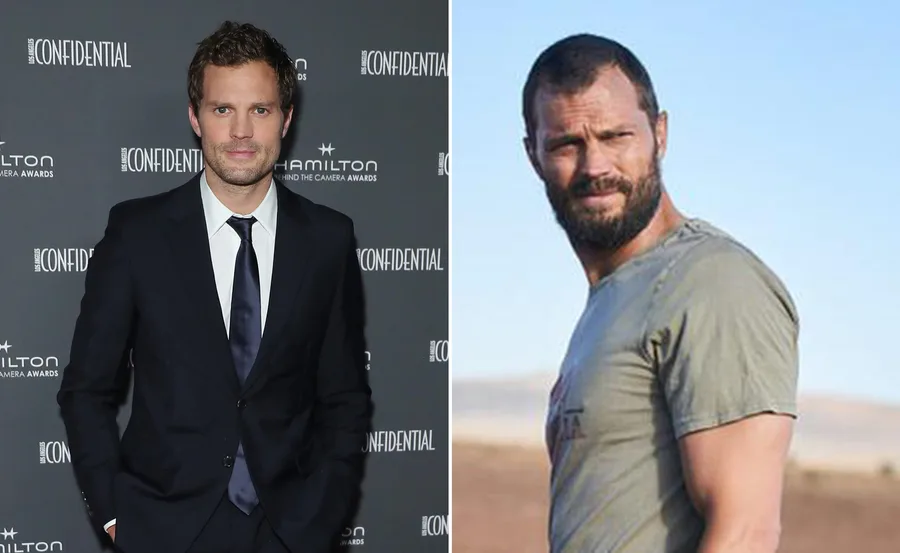 "Jamie Dornan in a suit at an event and another photo in casual attire outdoors for 'The Tourist' series."