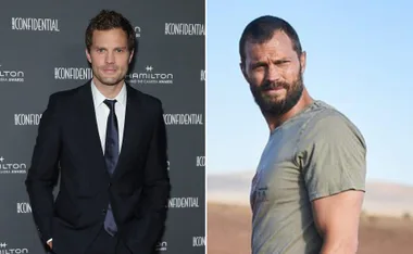 "Jamie Dornan in a suit at an event and another photo in casual attire outdoors for 'The Tourist' series."