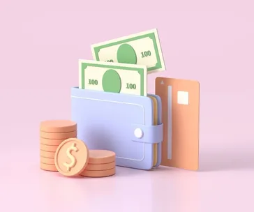A pastel illustration of a wallet with cash, coins, and a credit card on a pink background, symbolizing savings.