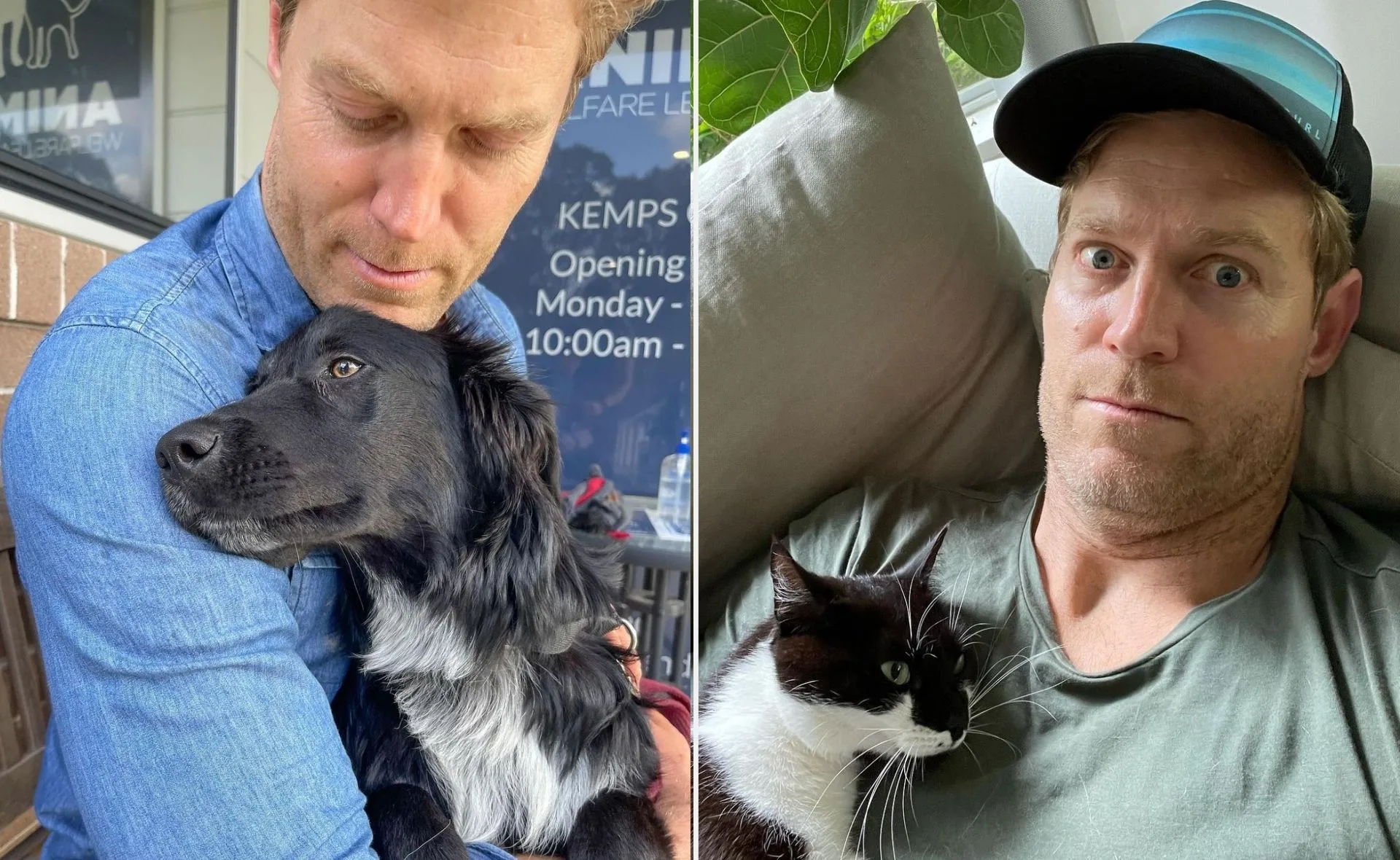 Man cuddling with a black dog on the left and holding a black and white cat on the right.