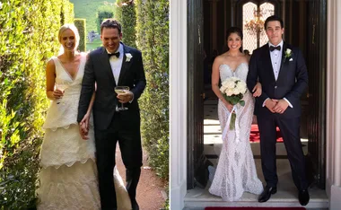 "Two couples celebrate their weddings, each bride in a white gown and groom in a tuxedo, smiling with joy."
