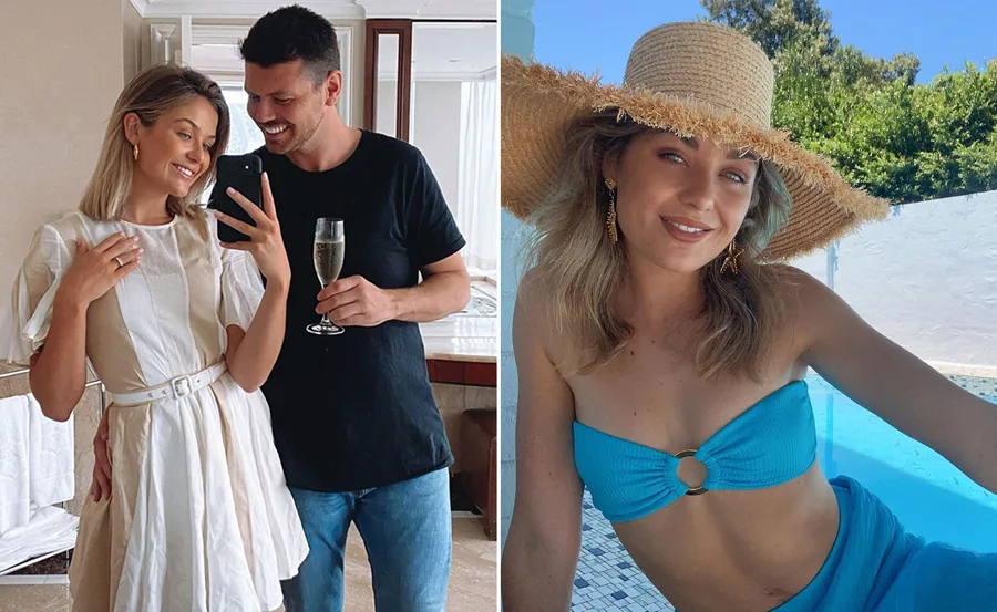 Couple taking a selfie with champagne; woman in a blue bikini by the pool wearing a sun hat.