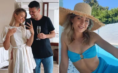 Couple taking a selfie with champagne; woman in a blue bikini by the pool wearing a sun hat.