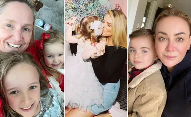 Three photos of mothers with their children, capturing joyful and affectionate moments together.