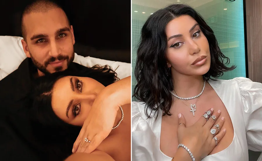Two-part image: a woman with her partner showing an engagement ring, and the woman posing with diamond jewelry.