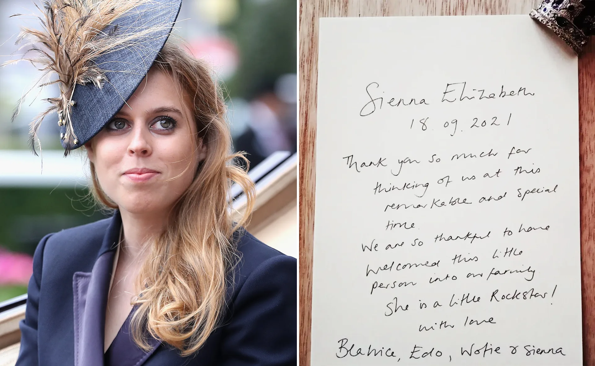 Princess Beatrice in a feathered hat; handwritten note reads "Sienna Elizabeth 18.09.2021."