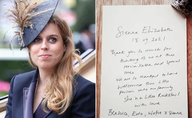 Princess Beatrice in a feathered hat; handwritten note reads "Sienna Elizabeth 18.09.2021."