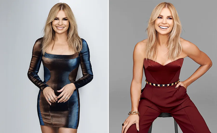 Two side-by-side photos of a woman with long blonde hair, in a metallic dress and red jumpsuit, smiling confidently.
