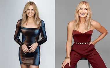 Two side-by-side photos of a woman with long blonde hair, in a metallic dress and red jumpsuit, smiling confidently.