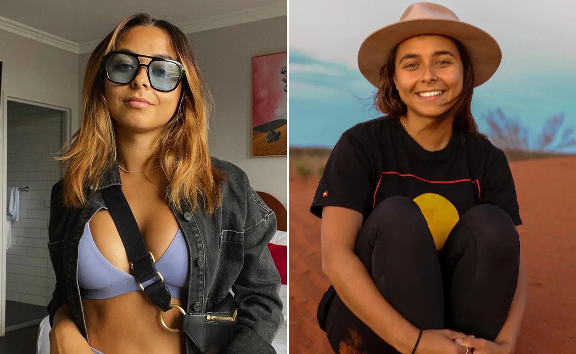 Two side-by-side images: left shows a woman in sunglasses indoors; right shows her smiling outdoors on red sand with a hat.