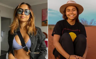 Two side-by-side images: left shows a woman in sunglasses indoors; right shows her smiling outdoors on red sand with a hat.