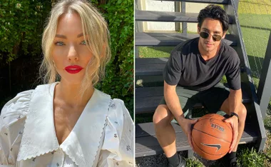A woman in white blouse and red lipstick beside a man in black shirt with sunglasses holding a basketball.