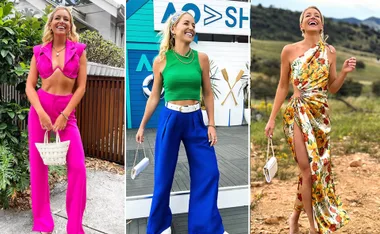 Three images of a woman: in pink outfit with white bag; in green top, blue pants; in floral dress, outdoor background.