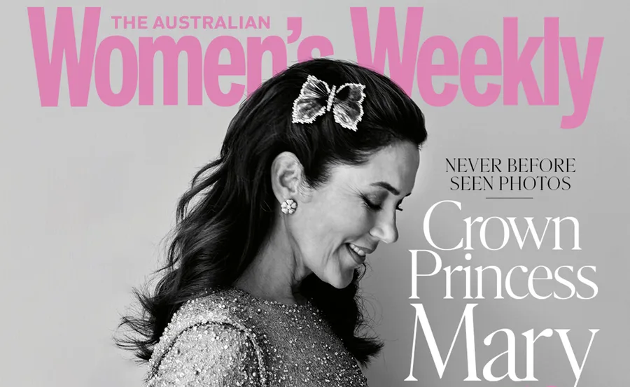 Cover of The Australian Women's Weekly featuring Crown Princess Mary in profile, wearing a glittery outfit and butterfly hair clip.