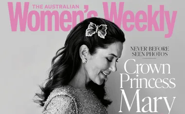 Cover of The Australian Women's Weekly featuring Crown Princess Mary in profile, wearing a glittery outfit and butterfly hair clip.