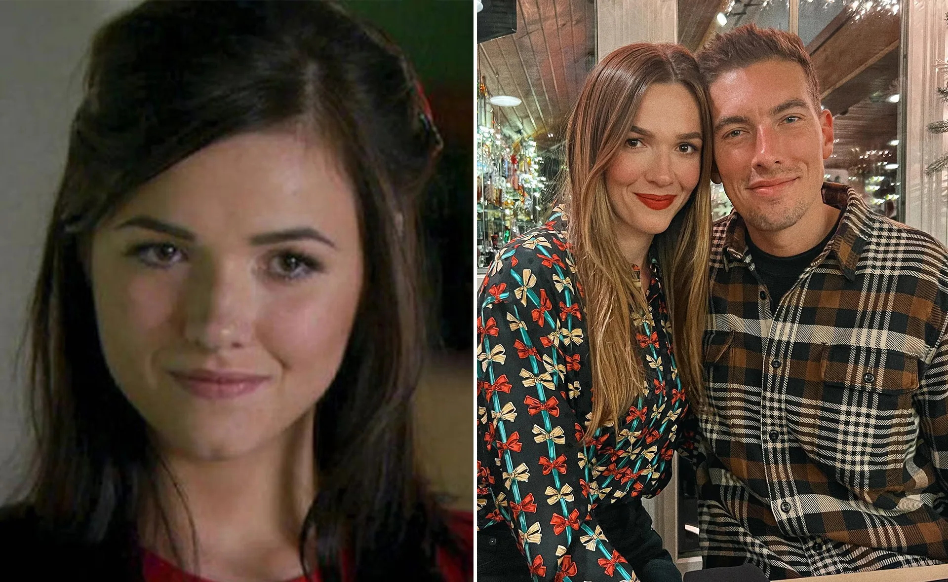 Two-photo collage: Left, close-up of a smiling woman; Right, a couple smiling at a camera in a festive setting.