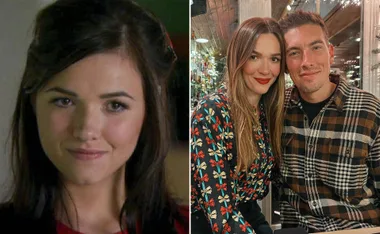 Two-photo collage: Left, close-up of a smiling woman; Right, a couple smiling at a camera in a festive setting.