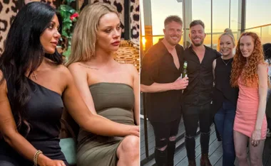 Two photos: left shows two women seated, one comforting the other; right shows four friends smiling at sunset rooftop.