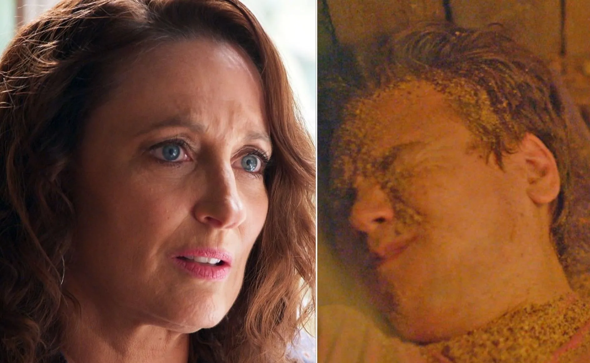 Two side-by-side images: a woman looks concerned, and a person lies with sand on their face.