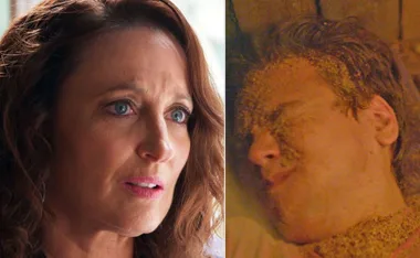 Two side-by-side images: a woman looks concerned, and a person lies with sand on their face.