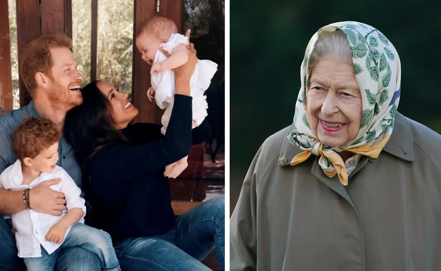 A family with two children on the left; an elderly woman with a scarf on the right, outdoors.