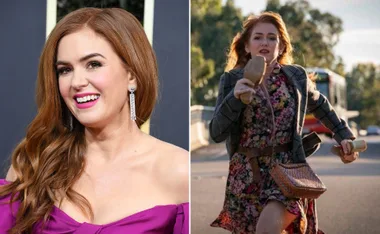 Two images: a woman in a magenta dress smiling; another of her running with a brown bag, wearing a floral outfit.