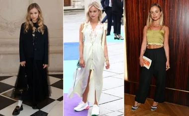 Three images of a woman in different fashionable outfits: black, white, and green tops, styled for various events.